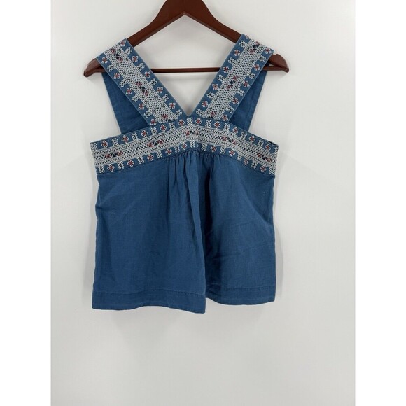 Madewell Embroidered Siesta Linen Blend Chambray Blue Smock Tank Top Size 4 EUC - Picture 1 of 13